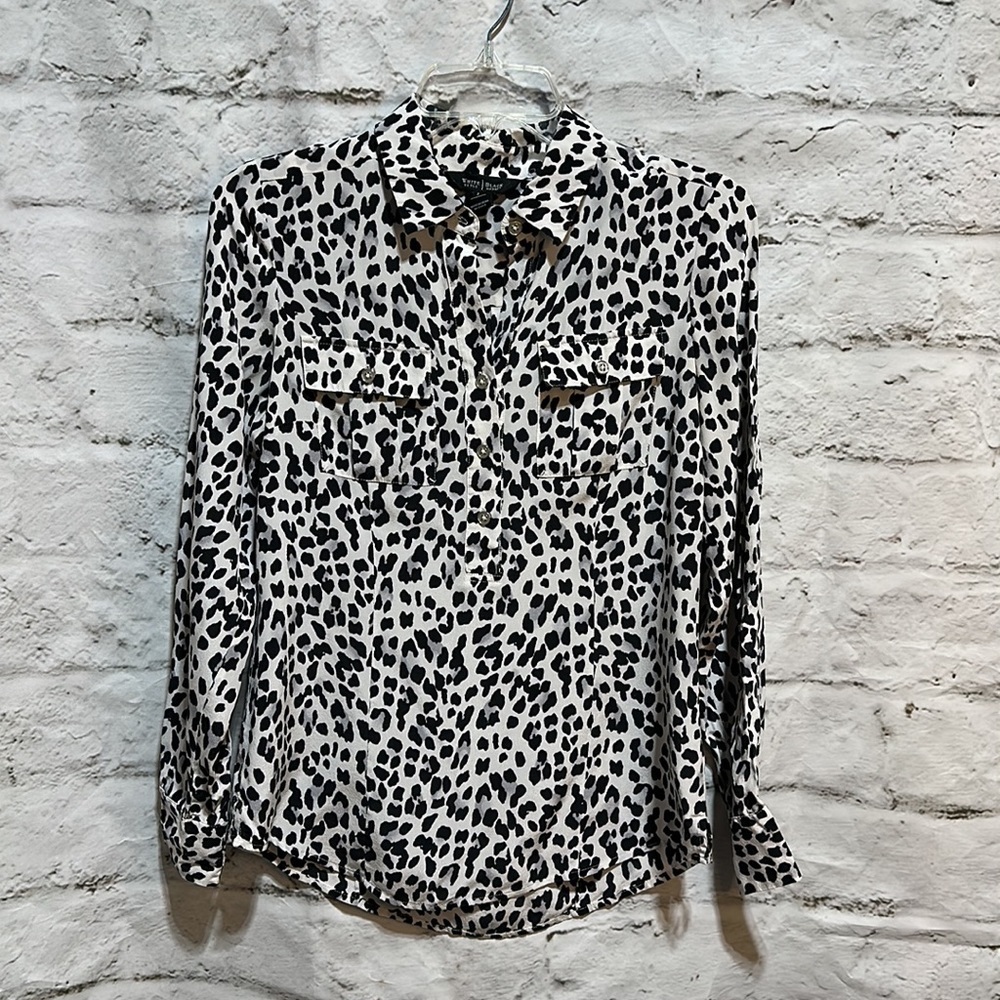 White House Black Market 100% silk animal print button down size 2